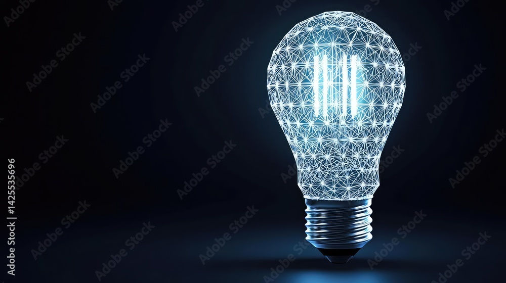 Poster polygon lightbulb in futuristic blockchain lamp concept. a glowing light bulb illuminating a dark en