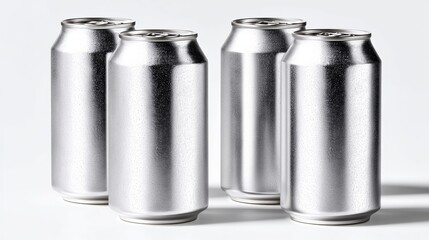 Four cans of soda are lined up on a white background. The cans are all silver and appear to be empty