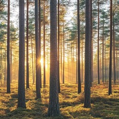 Naklejka premium Golden Sunlight Through Pine Forest