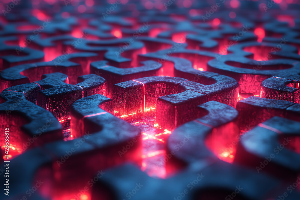 Poster an abstract close-up view of metallic patterns with glowing accents, representing innovation and fut