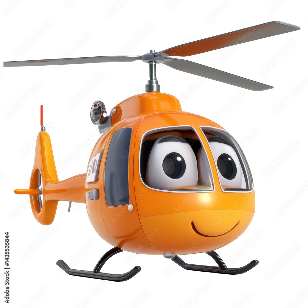 Poster colorful cartoon helicopter character with friendly expression flying in a bright animated setting