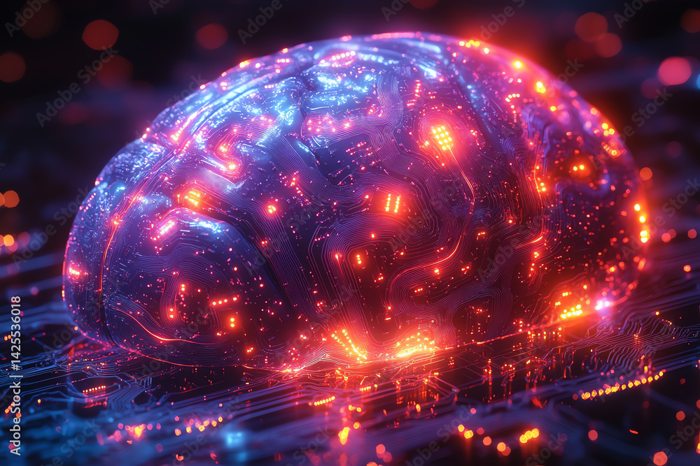 Poster An abstract representation of a brain illuminated with vibrant lights, symbolizing advanced technology and neural networks.