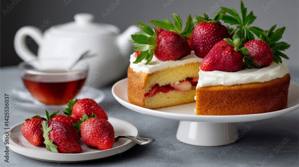 Aufkleber cake with strawberries on top and a slice missing. the cake is on a white plate and a teapot is on t