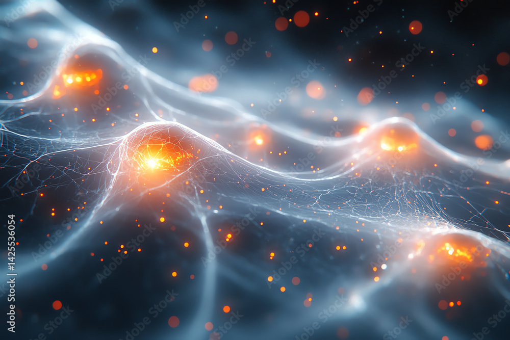 Poster An abstract representation of neuronal connections illuminated by glowing particles, symbolizing thought and innovation.