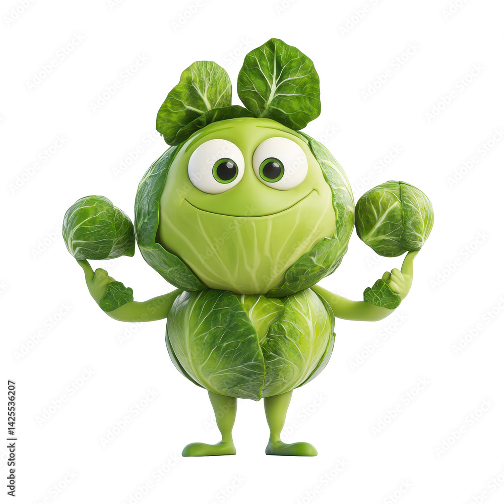 Poster lively cartoon character made of cabbage balancing vegetables in a playful pose in a colorful design