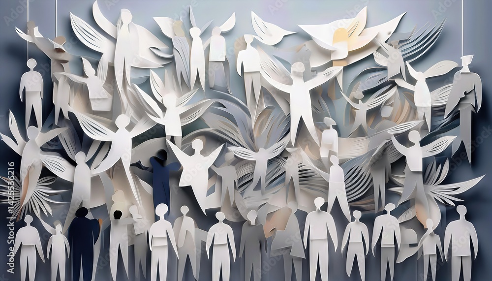 Poster diverse crowd gathered in a lively scene a snapshot of multicultural unity amidst textured paper cut