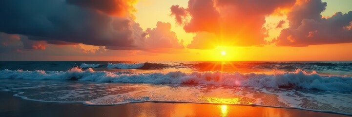 Fototapeta premium Golden sunset paints the sky, waves gently lap the shore , sunset, nature, coastal