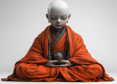 Image of a Young Monk in Kanzu Robe Meditating with Closed Eyes and Holding Object in Hands on White Background
