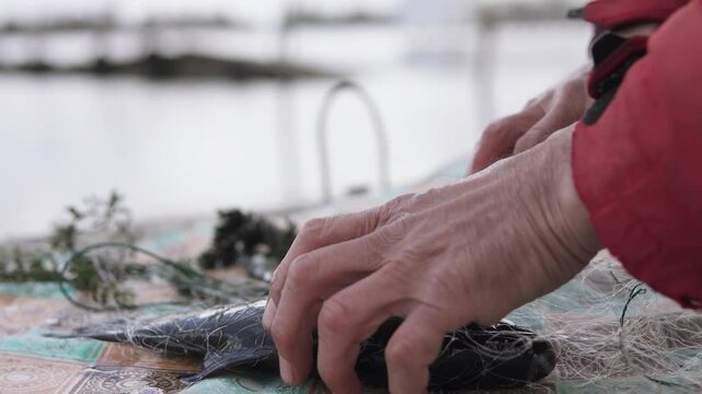 A poacher uses a fishing net to illegally catch fish in a river. Concept of protecting fauna and water resources.