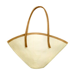 Summer tote bag or beach bag in light colors. Watercolor illustration hand drawn and isolated from background. Perfect for women's accessory packaging design or vacation, summer holiday illustration.