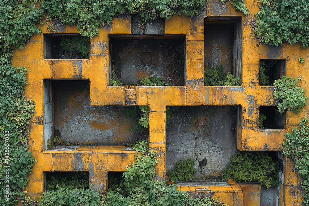 Poster an urban structure adorned with vibrant yellow concrete blocks and lush greenery, showcasing nature'