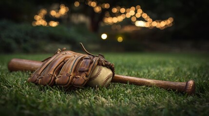 Vintage baseball glove and bat on grass, a timeless tribute to America's favorite pastime