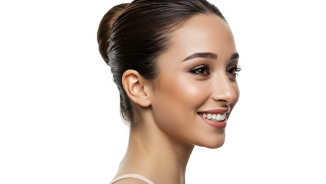 Beautiful woman portrait profile smiling face skincare beauty teeth dental health and wellness lifestyle image on transparent background