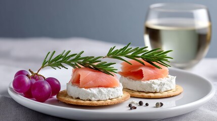 Plate of food with a glass of wine on the side. The plate has two pieces of food, one of which is a piece of salmon