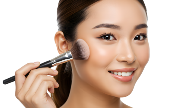 Beautiful asian woman applying makeup with brush for flawless skin and radiant complexion look tutorial on transparent background