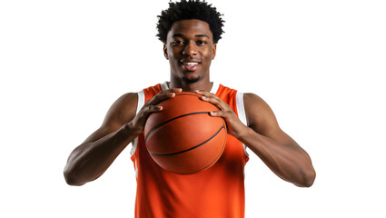 Young basketball player portrait holding ball looking at camera ready for game or practice session studio shot on transparent background