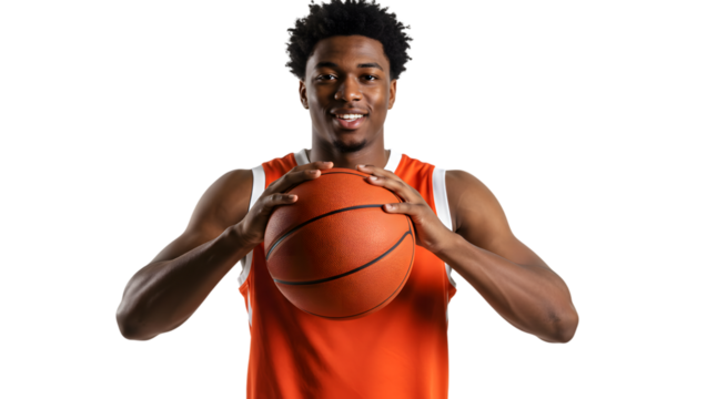 Young basketball player portrait holding ball looking at camera ready for game or practice session studio shot on transparent background