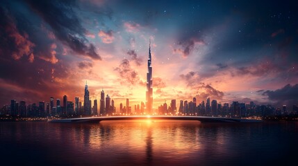 Vibrant cityscape with towering skyscrapers silhouetted against a dramatic colorful sunset sky reflecting in the calm waters below