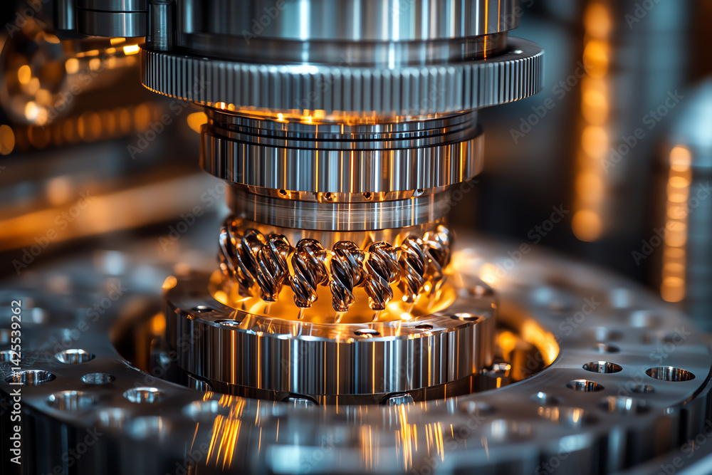 Poster Close-up of intricate machinery components showcasing detailed metalwork and precision engineering with an illuminated backdrop.