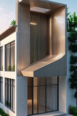 Fototapeta premium Modern house facade with perforated accents vertical blinds and a minimalist aesthetic