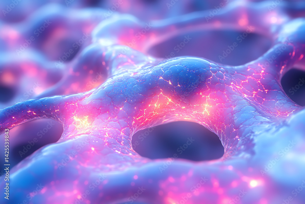 Poster close-up view of a colorful microorganism structure with vibrant hues and intricate patterns, showca