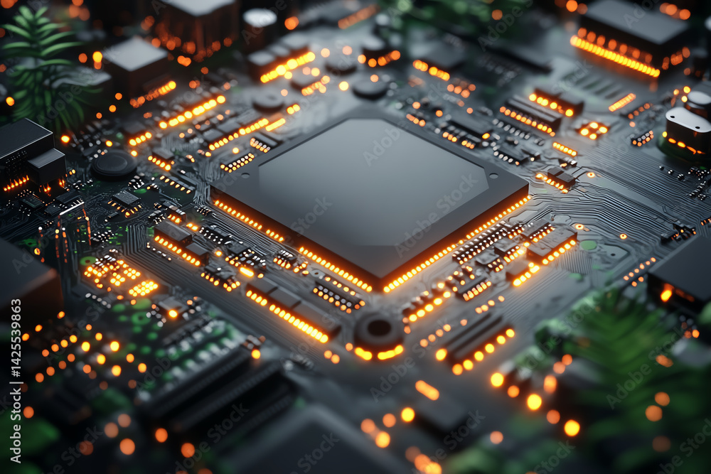 Aufkleber close-up view of a modern microchip on a circuit board with glowing lights, showcasing intricate tec