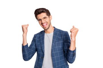 Portrait of his he nice attractive cheerful cheery ecstatic positive project start-up director ceo boss chief celebrating income profit finance growth isolated over light white pastel background