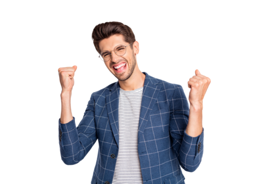 Portrait of his he nice attractive cheerful cheery ecstatic positive project start-up director ceo boss chief celebrating income profit finance growth isolated over light white pastel background - Powered by Adobe