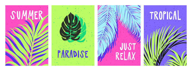 Tropical summer posters set. Exotic beach paradise with jungle palm leaf, sunny card designs. Vacation and holiday backgrounds, modern style postcards with typography. Flat vector illustration