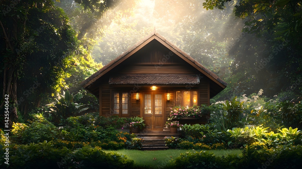 Poster a charming wooden cabin surrounded by lush greenery and towering trees illuminated by the soft warm 