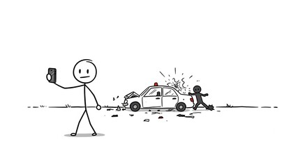 Distracted Driver Car Accident Selfie Stick Figure