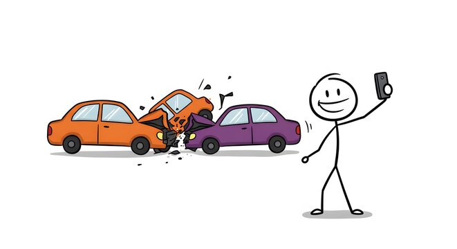 Careless Stick Figure Taking Selfie at Car Crash