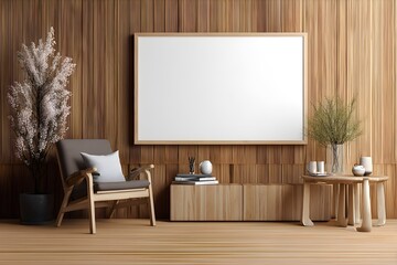 Blank poster mockup on wooden wall in modern interior. 3D Rendering