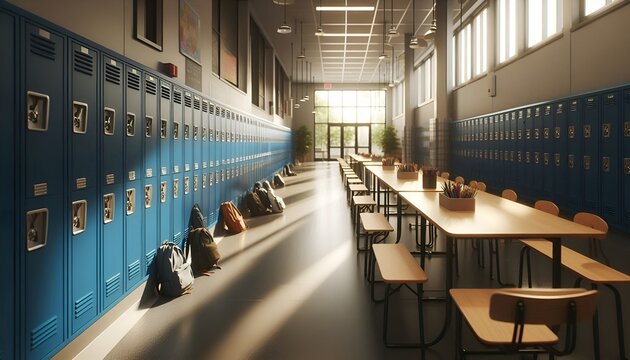 A school hallway with open lockers but no students in sight, afternoon lighting