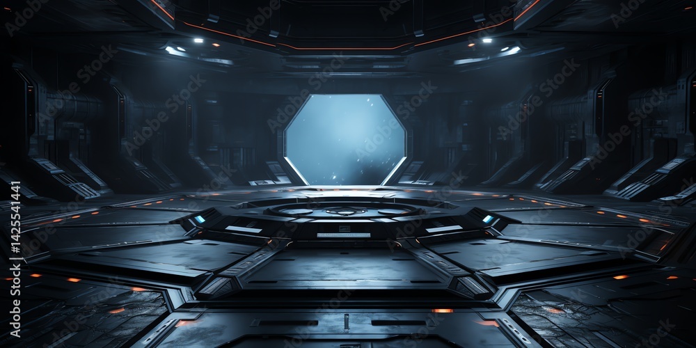 Poster exploring empty futuristic interior with platform and bright light source