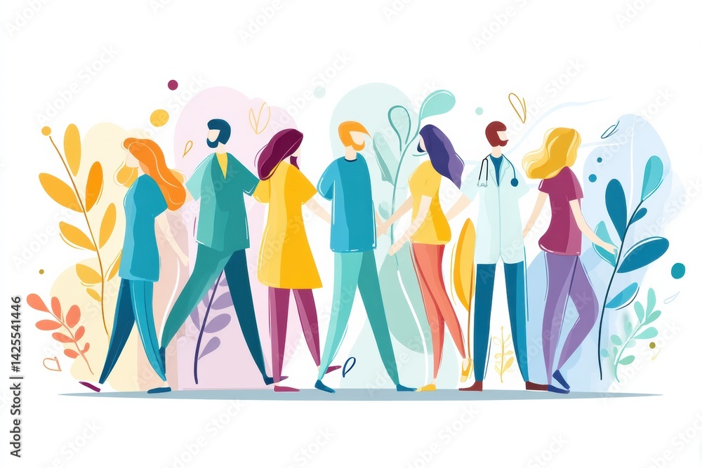 Poster cheerful healthcare team in colorful flat style representing unity and collaboration in a supportive