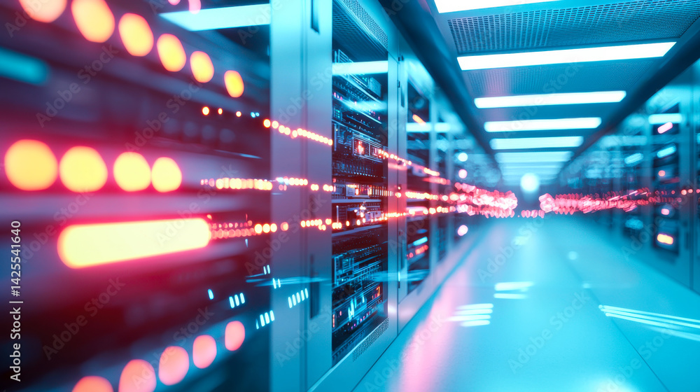 Poster modern data center featuring illuminated server racks in a high-tech corridor during evening hours