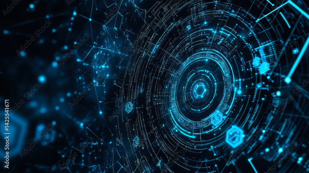 Aufkleber Abstract digital design with glowing blue lines and geometric shapes representing technology and connectivity