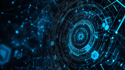 Abstract digital design with glowing blue lines and geometric shapes representing technology and connectivity