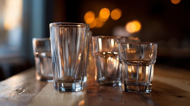 Elegant drinking glasses in artistic arrangement, evoking refined simplicity and warm ambiance