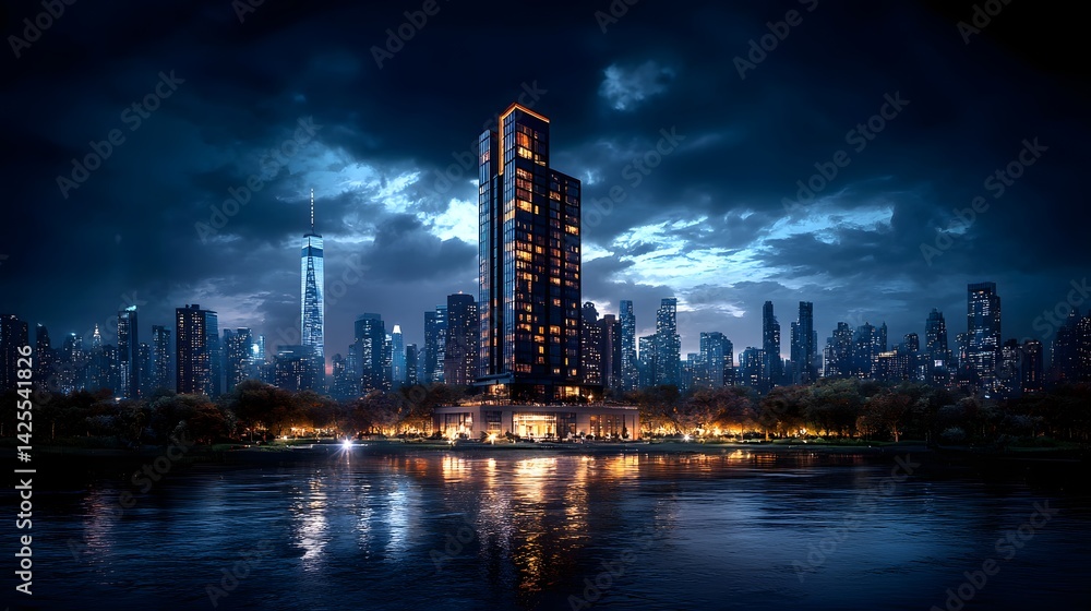 Poster mesmerizing cityscape with towering skyscrapers and glittering lights reflecting on the tranquil riv