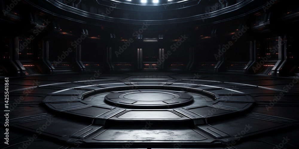 Poster exploring dark sci-fi interior with metallic platform and futuristic architecture