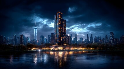 Fototapeta premium Mesmerizing cityscape with towering skyscrapers and glittering lights reflecting on the tranquil river at dusk creating a captivating and dynamic urban landscape