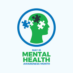 May is Mental Health Awareness Month poster vector illustration. Human head with jigsaw puzzle pieces icon vector. Mental illness symbol. Template for background, banner, card. Important day