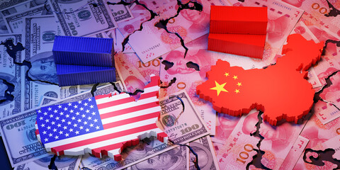 US and China Trade Conflict Concept with Currency and Containers