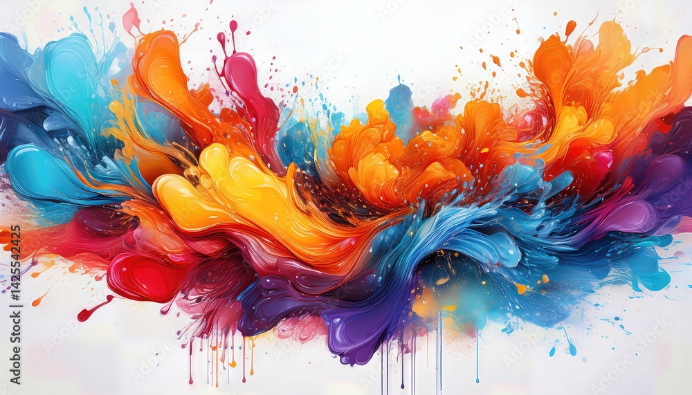 Poster vibrant paint splashes on white a dynamic symphony of color and energy, exploding with chromatic vit