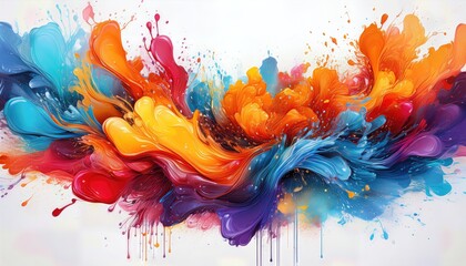 Vibrant Paint Splashes on White A Dynamic Symphony of Color and Energy, Exploding with Chromatic Vitality against a Stark Backdrop.