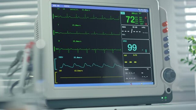 Medical Heartbeat monitor screen showing pulse vital signs in operating room for a medical defibrillator or emergency heart pump, heart rate of patient in a hospital OR room.