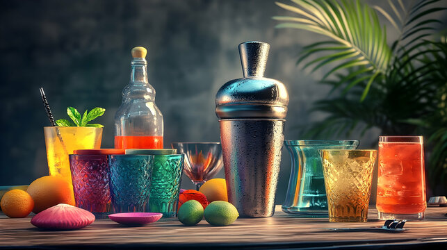 Colorful cocktails and barware arrangement for a tropical themed drink station.