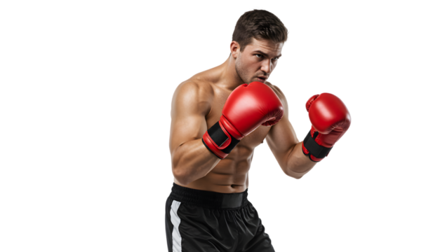 Athletic boxer training boxing workout with gloves for fitness motivation and martial arts sport on transparent background